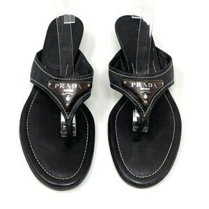 Prada Black Leather Logo Thong Kitten Heel Sandals Size 38.5 EU